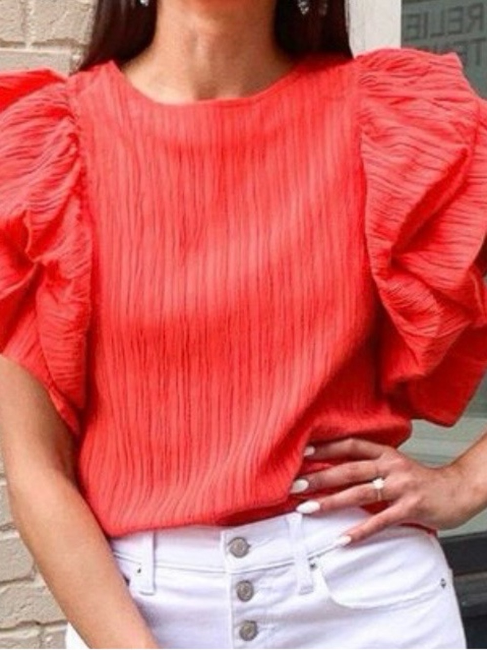 THML Bright Orange Ruffle-Sleeve Blouse